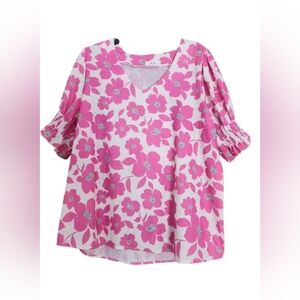 White‎ and Pink Ruffled 3/4 Sleeve Blouse